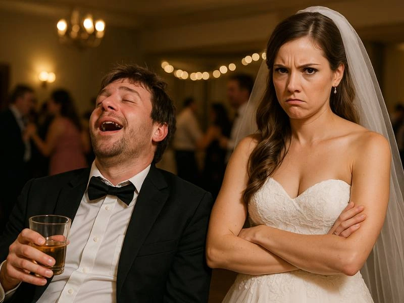 Γαμπρός εμφανώς μεθυσμένος γελάει με ποτό στο χέρι, ενώ η νύφη δείχνει εξοργισμένη στη δεξίωση του γάμου.