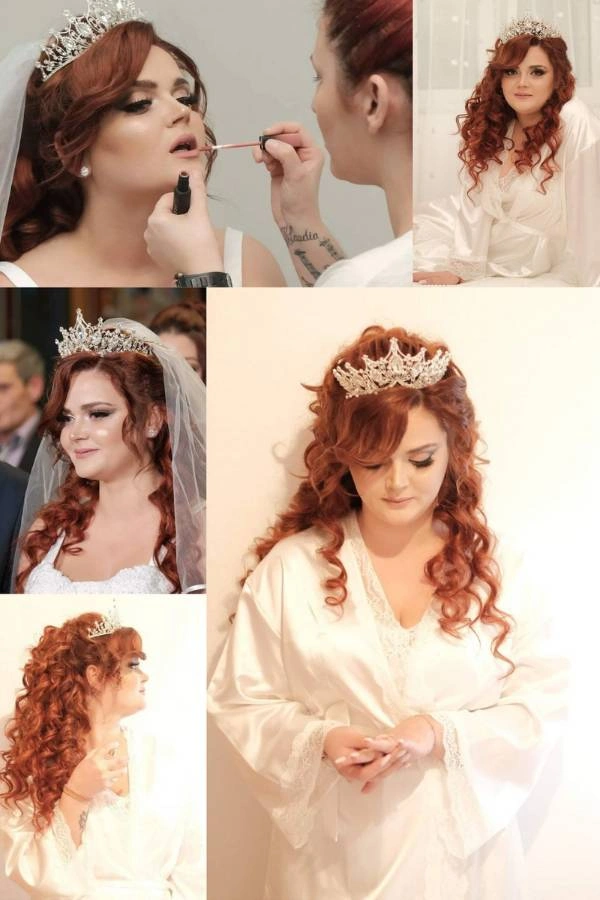 Πριγκιπικό bridal look με κόκκινα μαλλιά, τιάρα και glamorous μακιγιάζ από την Beauty’s by Christina Matosi