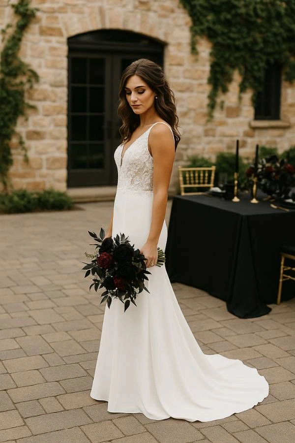 Νύφη ποζάρει σε κτήμα με πέτρινο φόντο και μαύρη διακόσμηση στο τραπέζι, κρατώντας σκούρα μπορντό και μαύρα λουλούδια