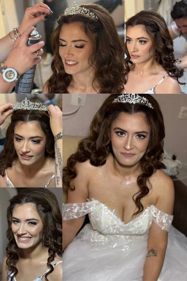 Νύφη με χαλαρές μπούκλες, τιάρα και διακριτική λάμψη στους ώμους, σε off-shoulder φόρεμα – Beauty’s by Christina Matosi