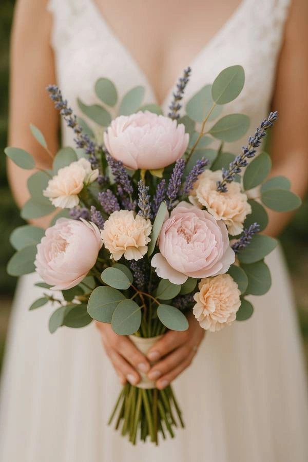 Κοντινή φωτογραφία νυφικής ανθοδέσμης με ροζ παιώνιες, γαρύφαλλα, λεβάντα και ευκάλυπτο σε παστέλ τόνους