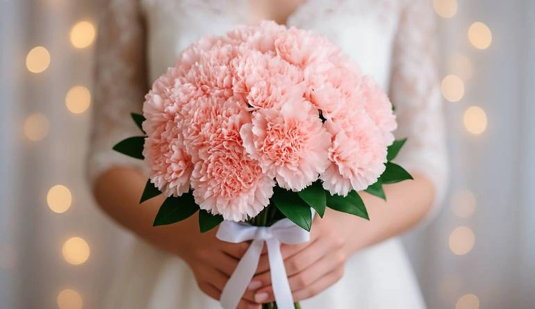 Νυφική ανθοδέσμη με ροζ γαρύφαλλα – ρομαντική πρόταση σε λουλούδια για γάμο.