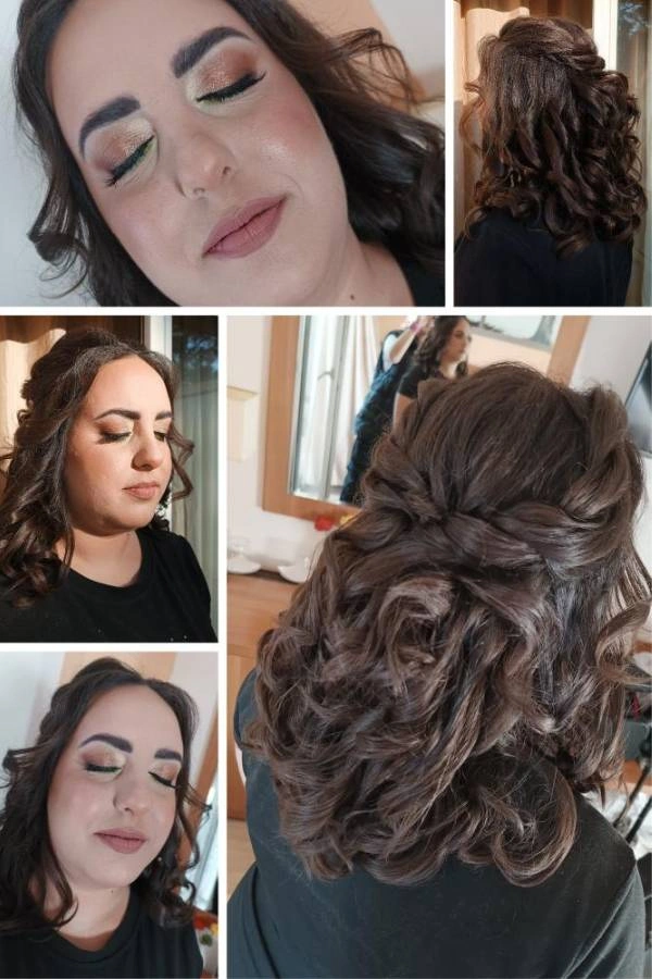 Νυφικό χτένισμα half-up με έντονες μπούκλες και shimmer μακιγιάζ σε χρυσό και πράσινο, ιδανικό για bold προσωπικότητες – Beauty’s by Christina Matosi