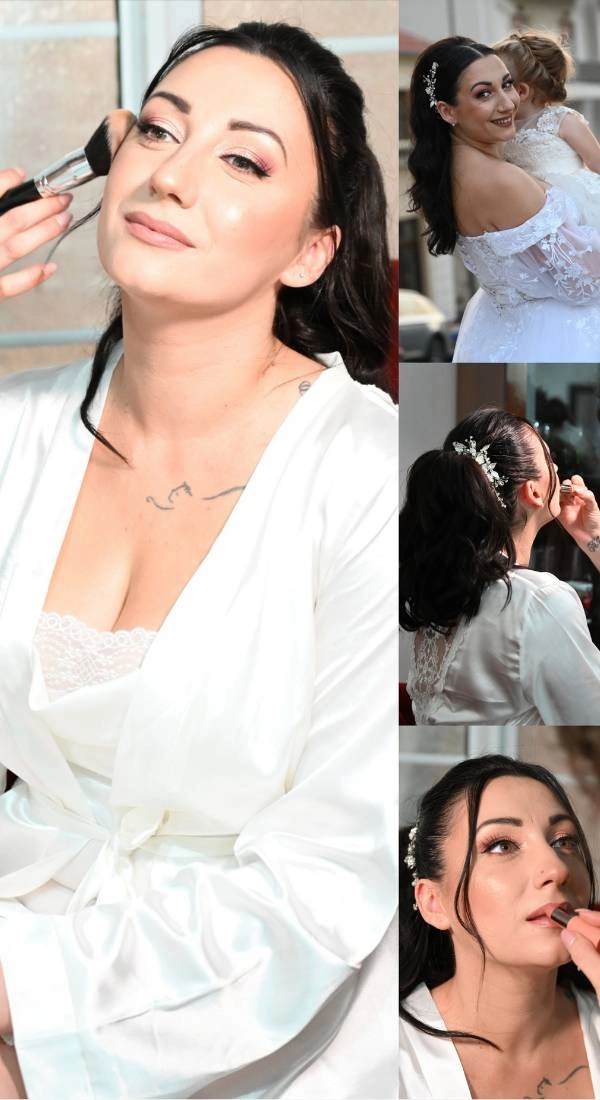 Νύφη με φυσικό κυματιστό ponytail, λαμπερό ροζ-σαμπανιζέ νυφικό μακιγιάζ και διακριτικά στολίδια στα μαλλιά – Beauty’s by Christina Matosi