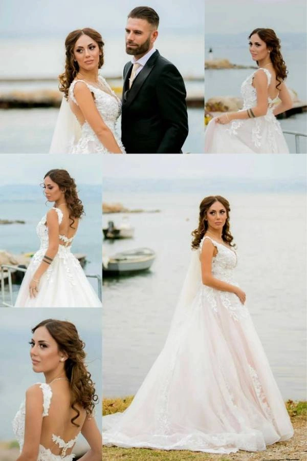 Νύφη με εντυπωσιακό μακιγιάζ σε ζεστές αποχρώσεις, ανάλαφρες μπούκλες και ρομαντικό νυφικό με δαντέλα, σε παραθαλάσσια φωτογράφιση – Beauty’s by Christina Matosi