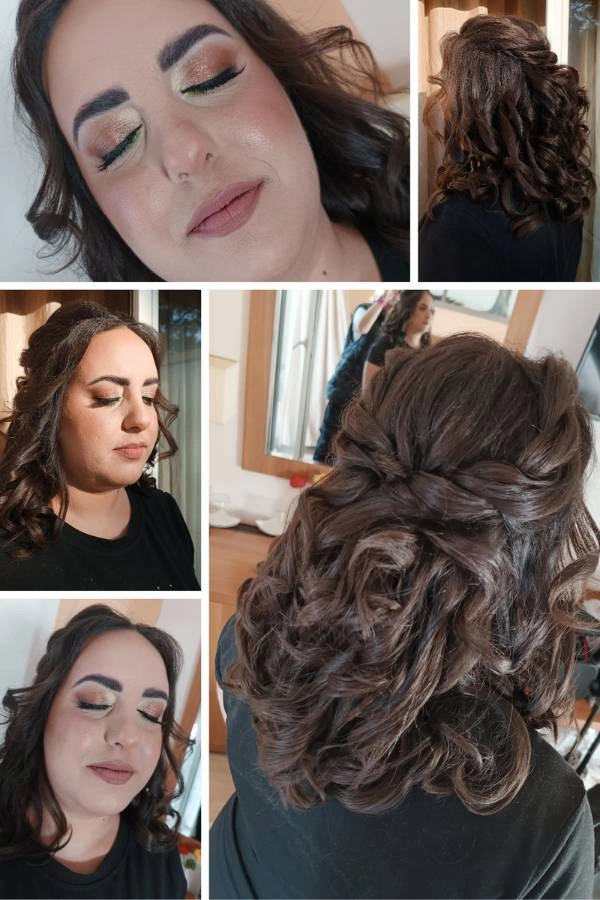 Νυφικό χτένισμα με ανάλαφρες μπούκλες και λαμπερό μακιγιάζ με πράσινο glitter, από την Beauty’s by Christina Matosi