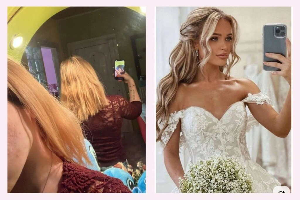 Πριν και μετά σε νυφικό χτένισμα – πραγματική φωτογραφία από καθρέφτη δίπλα σε Pinterest εικόνα νύφης με κυματιστά μαλλιά και δαντελένιο φόρεμα