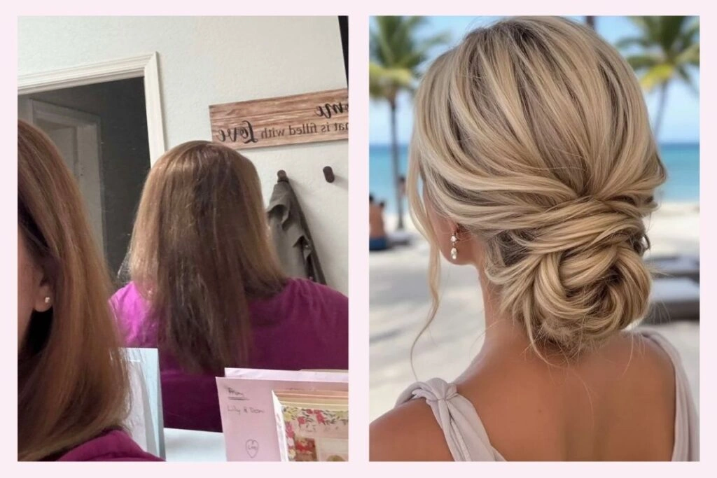 Πριν και μετά σε νυφικό χτένισμα – πίσω όψη φυσικών μαλλιών σε καθρέφτη, δίπλα σε updo σε παραλία με Pinterest αισθητική