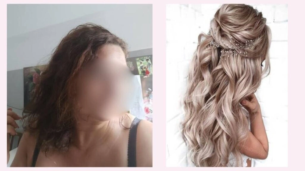 Πραγματική φωτογραφία γυναίκας με σγουρά φυσικά μαλλιά, δίπλα σε εντυπωσιακό νυφικό half-up χτένισμα με διακοσμητικά