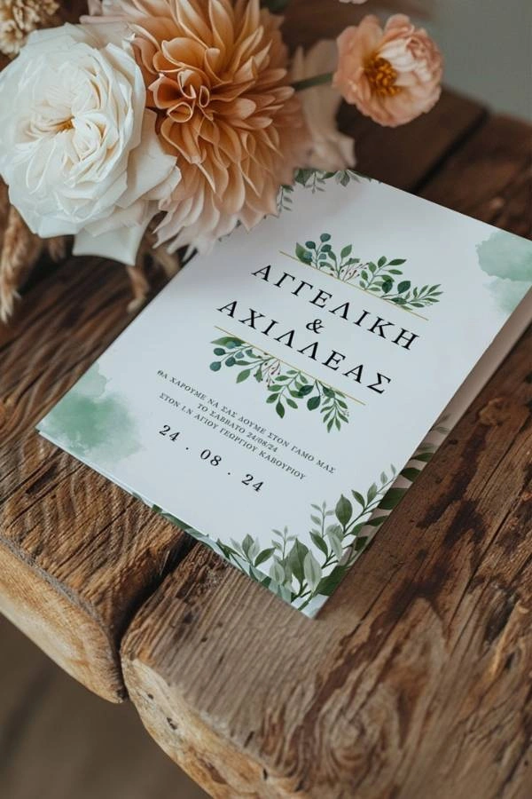 Ελληνικό προσκλητήριο γάμου με vintage σχέδιο και botanical λεπτομέρειες σε ξύλινη επιφάνεια με άνθη