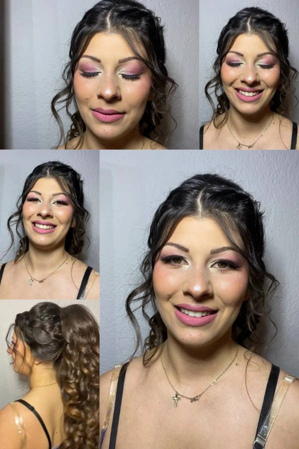 Ρομαντικό νυφικό μακιγιάζ σε ροζ αποχρώσεις και χτένισμα με πλεξούδα και αλογοουρά, από την Beauty’s by Christina Matosi