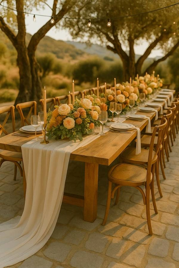 Ξύλινο τραπέζι γάμου με φυσικές συνθέσεις από λουλούδια και κεράκια, σε πλακόστρωτο χώρο κάτω από ελιές και φωτάκια