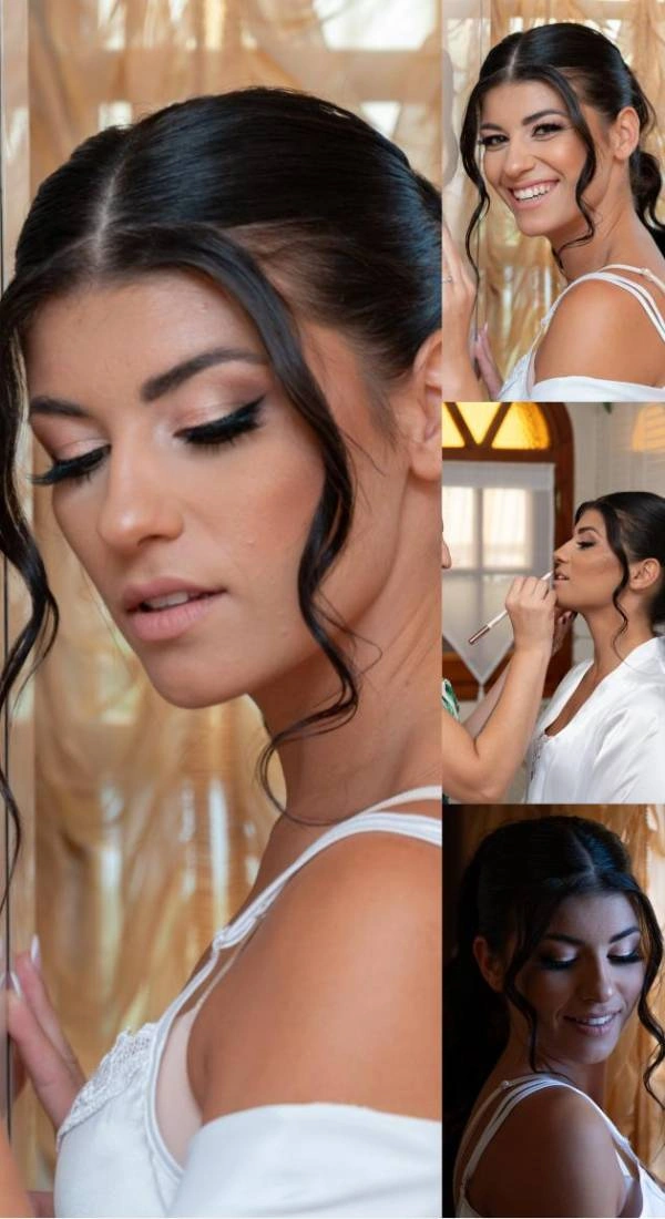 Νύφη με sleek χαμηλό σινιόν, απαλά wavy τσουλούφια στο πλάι και φυσικό glam μακιγιάζ με φωτεινές nude αποχρώσεις – Beauty’s by Christina Matosi