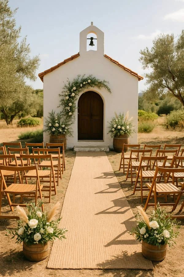 Τελετή γάμου έξω από λευκό παραδοσιακό εκκλησάκι με ξύλινα καθίσματα, λουλούδια και οικολογική αισθητική