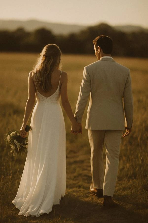 Νεόνυμφο ζευγάρι περπατά πιασμένο χέρι-χέρι σε λιβάδι κατά τη δύση του ήλιου, με ρετρό αισθητική και ελαφρώς θολά περιγράμματα