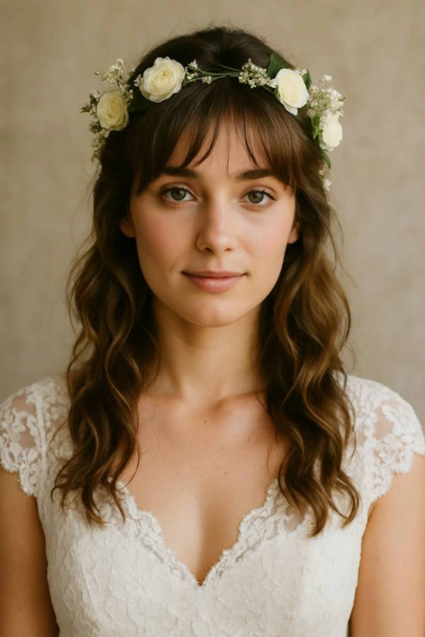 Νύφη με χαλαρούς κυματισμούς, αφέλειες και στεφανάκι με φυσικά λουλούδια σε αρχαιοελληνικό boho στυλ
