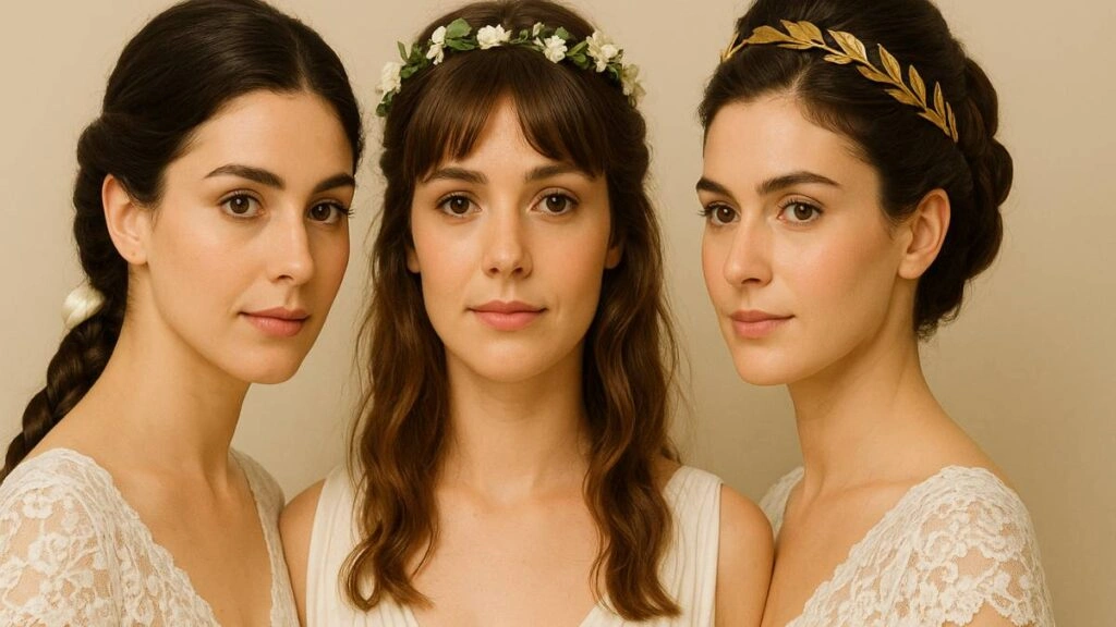 Τρεις νύφες με αρχαιοελληνικά νυφικά χτενίσματα, στεφάνια και πλεξούδες, ιδανική οριζόντια εικόνα για άρθρο εμπνευσμένο από θεές και μούσες