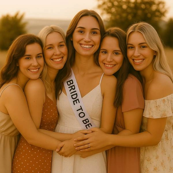 Η νύφη αγκαλιάζει τις φίλες της σε υπαίθριο bachelorette party κατά το ηλιοβασίλεμα, φορώντας κορδέλα "Bride to Be" και λευκό φόρεμα.