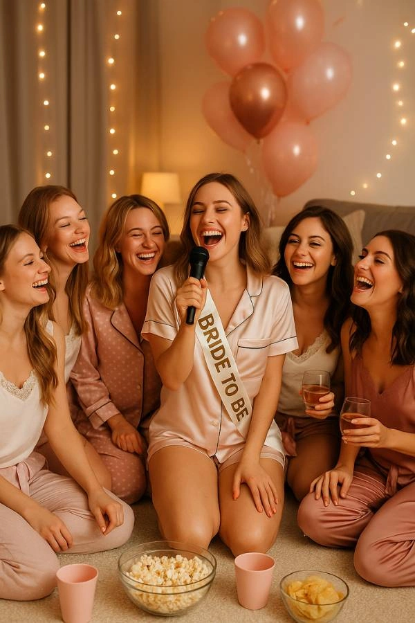 Νύφη με κορδέλα "Bride to Be" τραγουδάει karaoke με τις φίλες της σε βραδιά bachelorette στο σπίτι, με ροζ μπαλόνια, ποπ κορν και πιτζάμες.