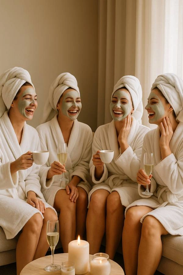Φίλες απολαμβάνουν spa bachelorette με μάσκες προσώπου, λευκά μπουρνούζια, ποτήρια σαμπάνιας και ρεαλιστική ατμόσφαιρα χαλάρωσης.