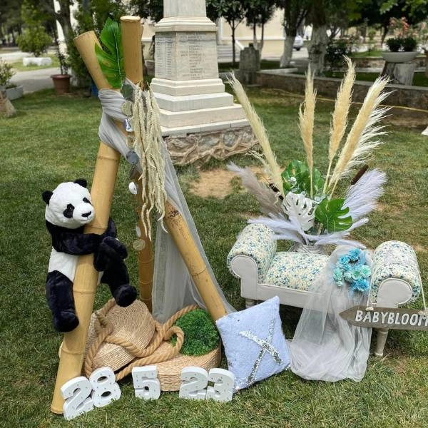 Στολισμός βάπτισης panda με φυσικά υλικά, μπαμπού και boho λεπτομέρειες σε εξωτερικό χώρο