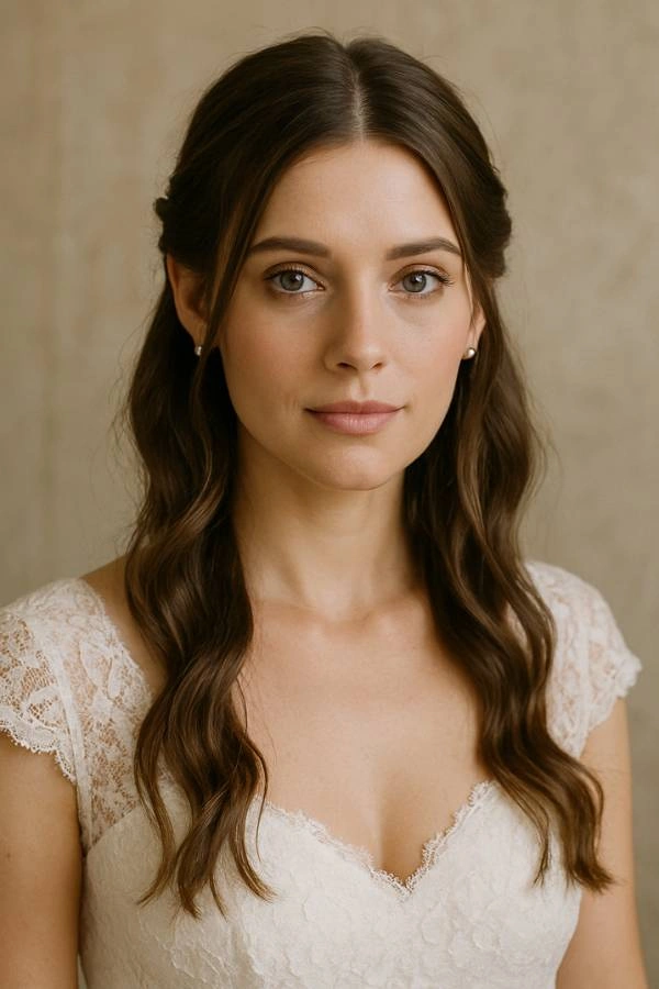 Νύφη με μαλλιά χωρισμένα στη μέση και κυματισμούς, πιασμένα σε δύο σημεία με διακριτικά κοσμήματα, σε ρομαντικό αρχαιοελληνικό στυλ