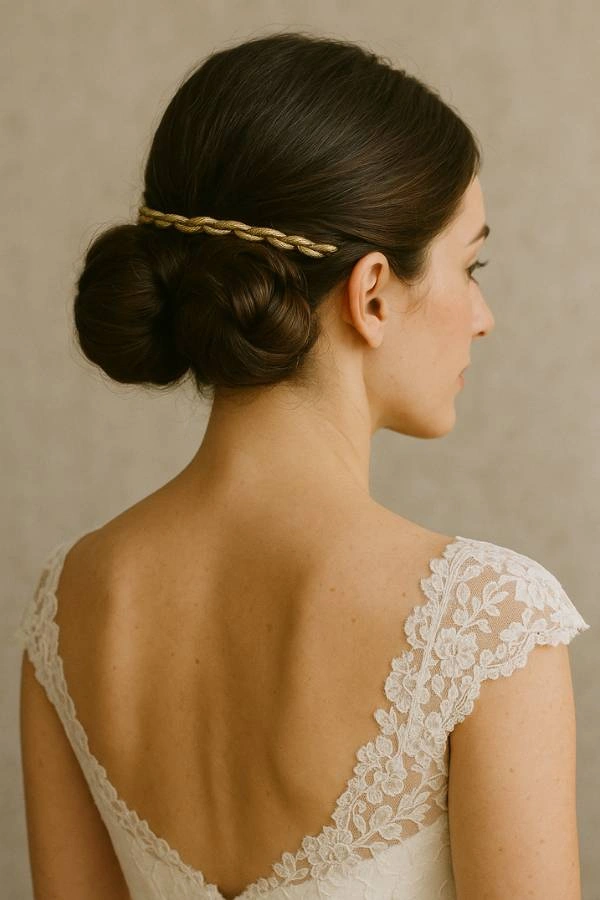 Νύφη με χαμηλούς διπλούς κότσους και χρυσό διακοσμητικό, εμπνευσμένο από το αρχαιοελληνικό στέμμα της Ήρας