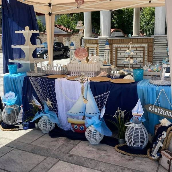 Στολισμός τραπεζιού βάπτισης με θέμα τον φάρο και ναυτικά στοιχεία
