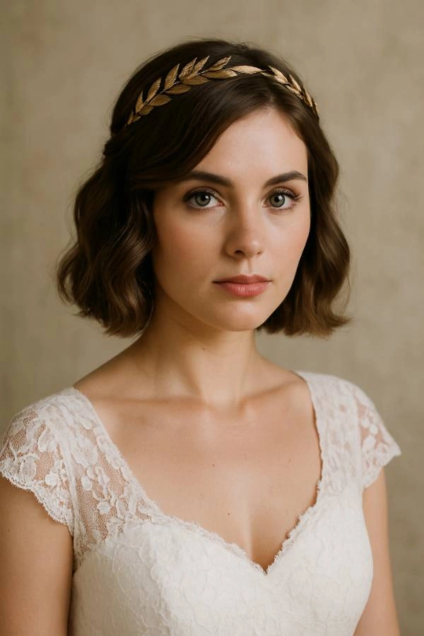 Νύφη με ημικαρέ μαλλιά σε απαλό κύμα και χρυσό στεφάνι δάφνης, εμπνευσμένο από την Ασπασία και το αρχαιοελληνικό στυλ