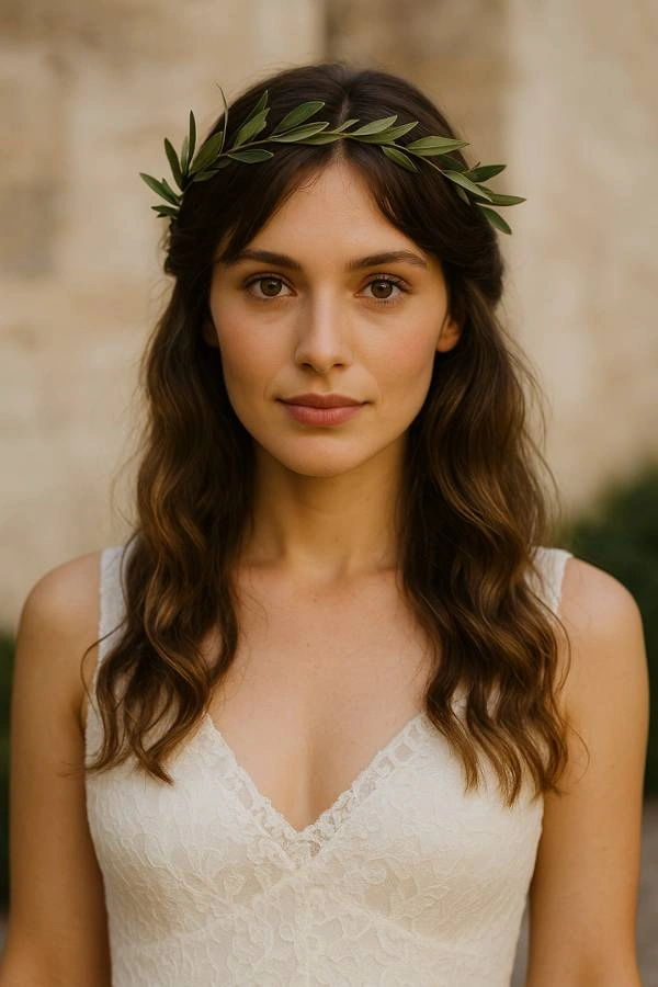 Νύφη με ανάλαφρους κυματισμούς και στεφάνι από φύλλα ελιάς, σε φυσικό rustic στυλ εμπνευσμένο από τις νύμφες του Ολύμπου