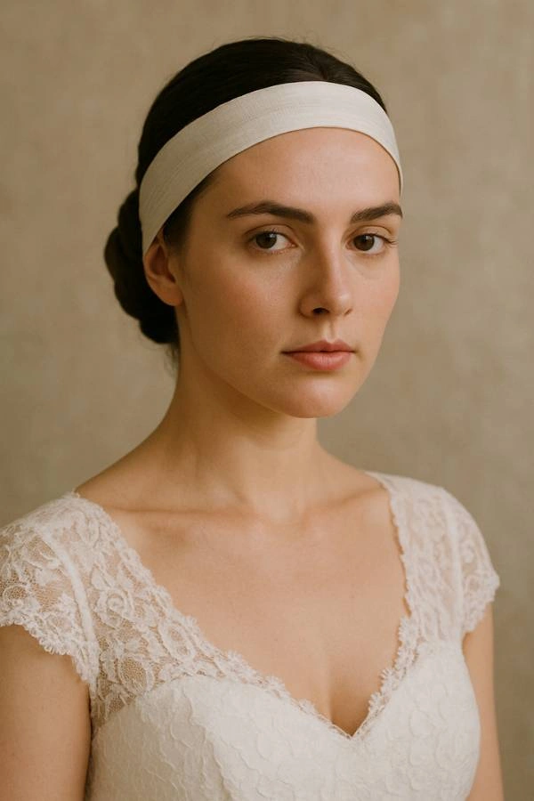 Νύφη με τραβηγμένα μαλλιά και υφασμάτινη ταινία στο μέτωπο, σε αυστηρό και ιερατικό αρχαιοελληνικό στυλ