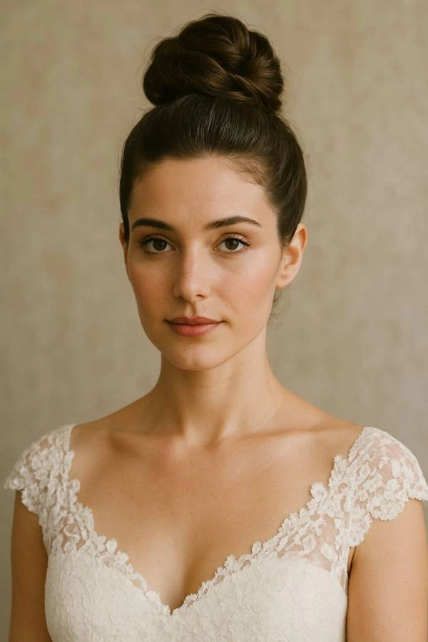 Νύφη με ψηλό κότσο σε στριφτό κόμπο, εμπνευσμένο από τις Αθηναίες της κλασικής εποχής, με δαντελένιο νυφικό και elegant εμφάνιση