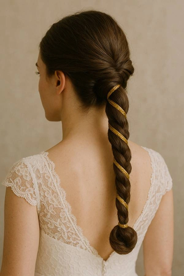 Νύφη με χαμηλούς διπλούς κότσους και χρυσό διακοσμητικό, εμπνευσμένο από το αρχαιοελληνικό στέμμα της Ήρας