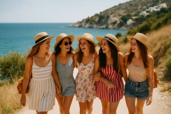 Πέντε φίλες περπατούν χαμογελαστές σε νησιωτικό μονοπάτι με θέα τη θάλασσα κατά τη διάρκεια καλοκαιρινής απόδρασης για bachelorette party.