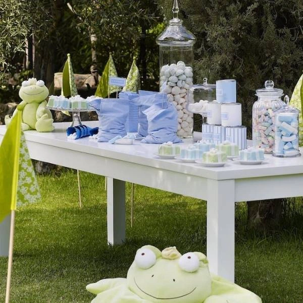 Candy bar βάπτισης με θέμα βάτραχος σε πράσινες και γαλάζιες αποχρώσεις, με γλυκίσματα και λούτρινα διακοσμητικά