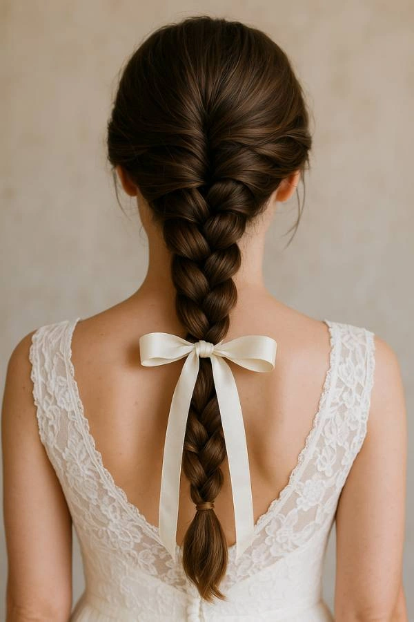 Νυφική χαμηλή πλεξούδα με σατέν κορδέλα και δαντελένιο φόρεμα, εμπνευσμένη από αρχαιοελληνικό στυλ