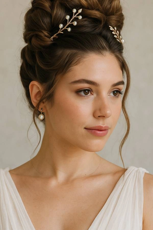 Νύφη με σύνθετο χτένισμα σε στυλ μούσας, με όγκο στην κορυφή, πλεξούδες και αξεσουάρ από πέρλες και μπρούτζινα στοιχεία