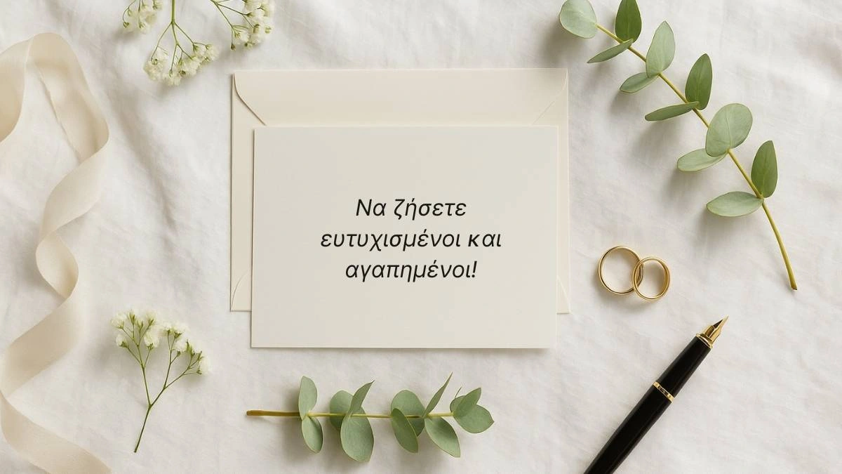 Κάρτα με ευχές για γάμο με μήνυμα Να ζήσετε ευτυχισμένοι και αγαπημένοι δίπλα σε χρυσά δαχτυλίδια και ευκάλυπτο