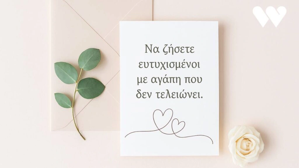 Ευχετήρια κάρτα γάμου με μήνυμα “Να ζήσετε ευτυχισμένοι με αγάπη που δεν τελειώνει”, δίπλα σε φάκελο και ευκάλυπτο, σε ρομαντικό φόντο – ιδανική εικόνα για άρθρο με ευχές για γάμο.