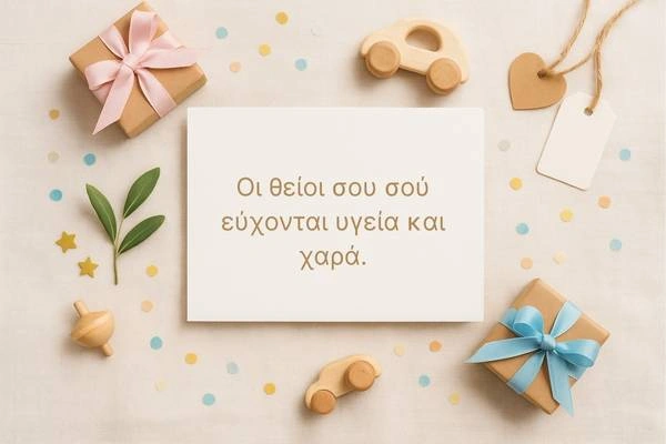 Κάρτα με δώρα kraft, παστέλ κορδέλες, ξύλινο αυτοκινητάκι και κονφετί, ευχές για βάπτιση από θείους