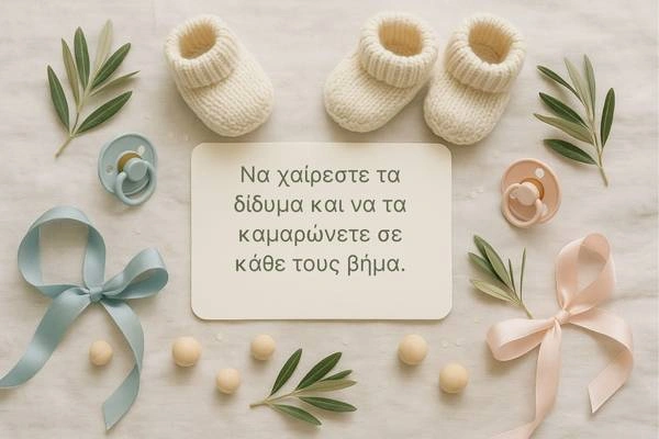 Κάρτα με δύο ζευγάρια πλεκτά παπουτσάκια, ροζ και γαλάζιες πιπίλες και κορδέλες, ευχές για βάπτιση διδύμων