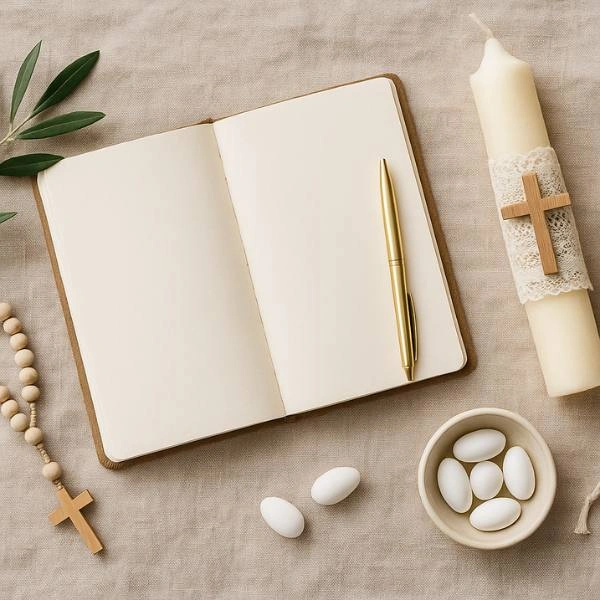 Ανοιχτό σημειωματάριο με χρυσό στυλό, λαμπάδα με δαντέλα και σταυρό, κομποσκοίνι και κουφέτα σε λινό φόντο, εικόνα για FAQ ευχές για βάπτιση