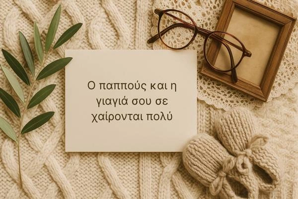 Κάρτα πάνω σε πλεκτή κουβέρτα με γυαλιά, ξύλινη κορνίζα, πλεκτά παπουτσάκια και κλαδί ελιάς, ευχές για βάπτιση από παππού και γιαγιά
