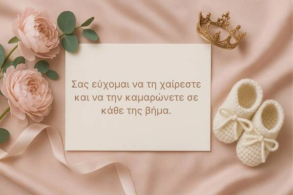 Κάρτα σε ροζ σατέν με παιώνιες, χρυσό στέμμα και πλεκτά παπουτσάκια, ευχές για βάπτιση κοριτσιού