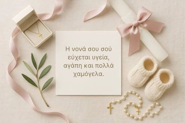 Κάρτα με κουτάκι σταυρού, ροζ λαμπάδα με δαντέλα, κομποσκοίνι με πέρλες και κλαδί ελιάς, ευχές για βάπτιση από νονά