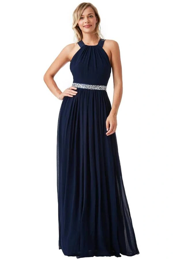 Μακρύ navy blue φόρεμα με εντυπωσιακή ζώνη, ιδανικό για κουμπάρα σε βραδινό γάμο