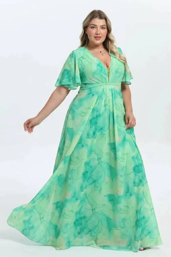 Αέρινο μάξι φόρεμα με κοντό μανίκι και υδατογραφικό μοτίβο σε αποχρώσεις του πράσινου για γάμο σε νησί
