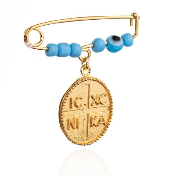 Κομψή παιδική παραμάνα-φυλαχτό από επιχρυσωμένο ασήμι 925 με κωνσταντινάτο και ματάκι