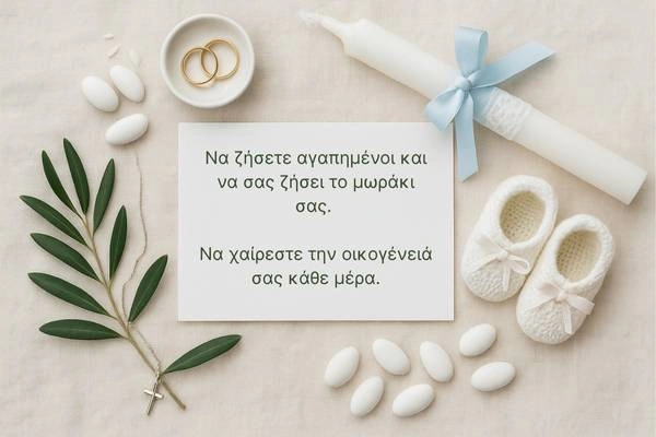 Κάρτα δίπλα σε βέρες, λαμπάδα βάπτισης, κουφέτα και πλεκτά παπουτσάκια, ευχές για γάμο και βάπτιση μαζί