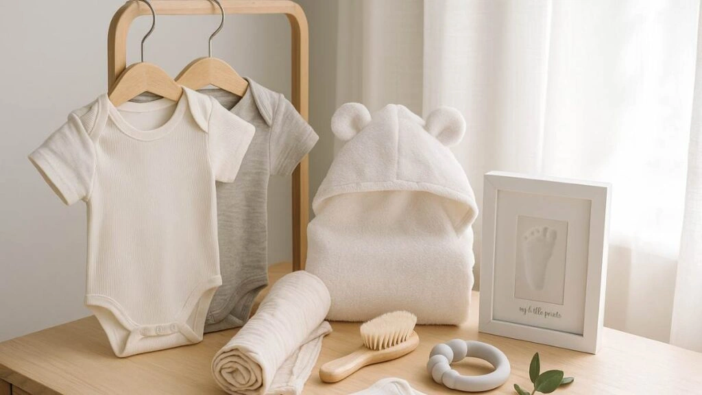Ρεαλιστική σύνθεση με τα καλύτερα δώρα για νεογέννητα: οργανικά φορμάκια, μουσελίνας, σετ περιποίησης, κουδουνίστρα και κορνίζα αποτυπώματος σε ξύλινη επιφάνεια.